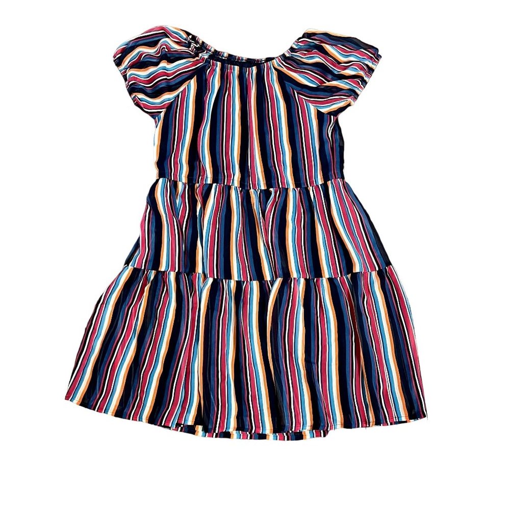 Wonder Nation Multicolor Stripe Round Neck Flutter Sleeve Tiered Dress Size XL